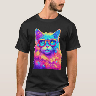 Neon Rainbow Cat Wearing Glasses Abstract Bright P T-Shirt