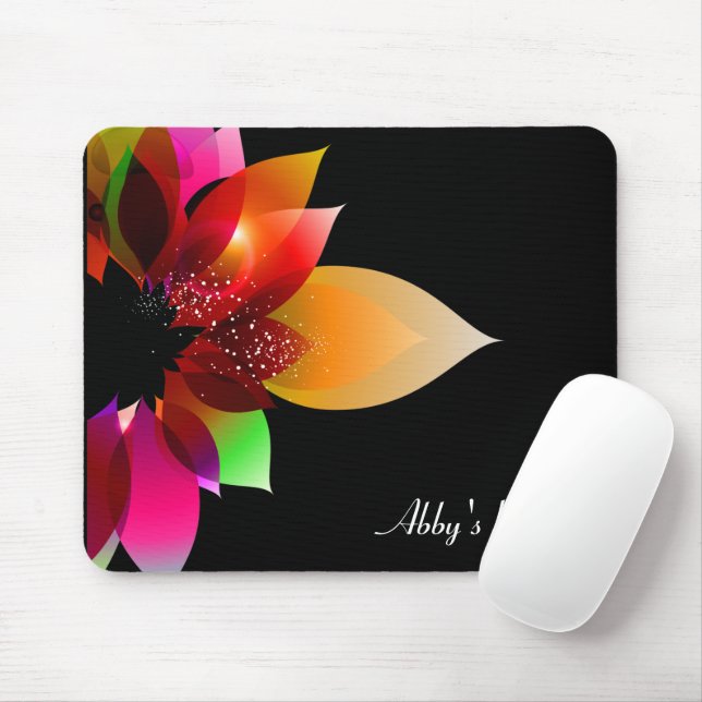 Neon Rainbow Dahlia On Black Mouse Mat (With Mouse)