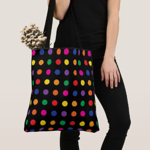 Neon Rainbow Dots On Black Tote Bag