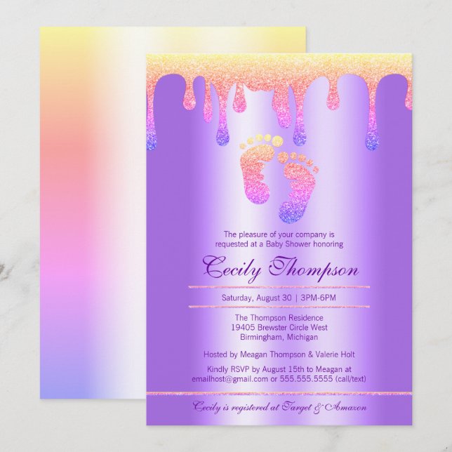 Neon Rainbow Glitter Drip Luxury Baby Feet Shower Invitation (Front/Back)