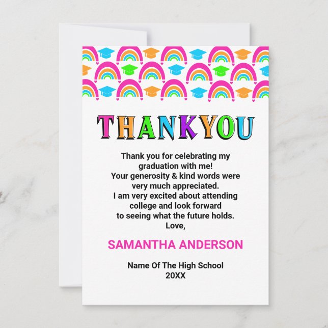 Neon Rainbow Graduation Thank You Card (Front)