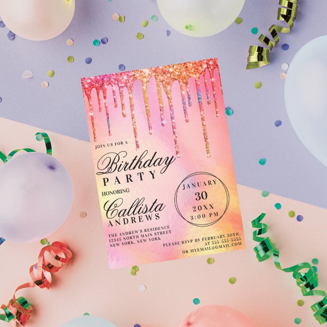 Neon Rainbow Holographic Glitter Drips Birthday Invitation (Creator Uploaded)