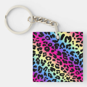 Neon Rainbow Leopard Pattern Print Key Ring