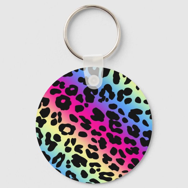Neon Rainbow Leopard Pattern Print Key Ring (Front)
