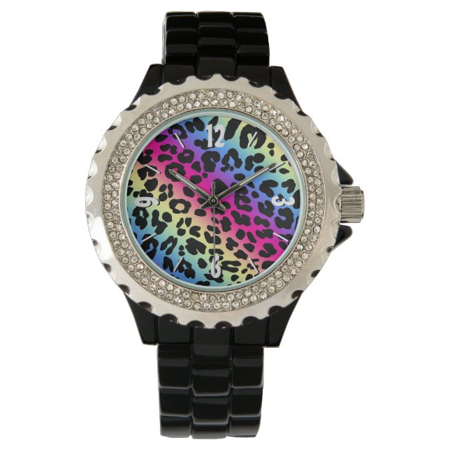 Neon Rainbow Leopard Pattern Print Watch (Front)