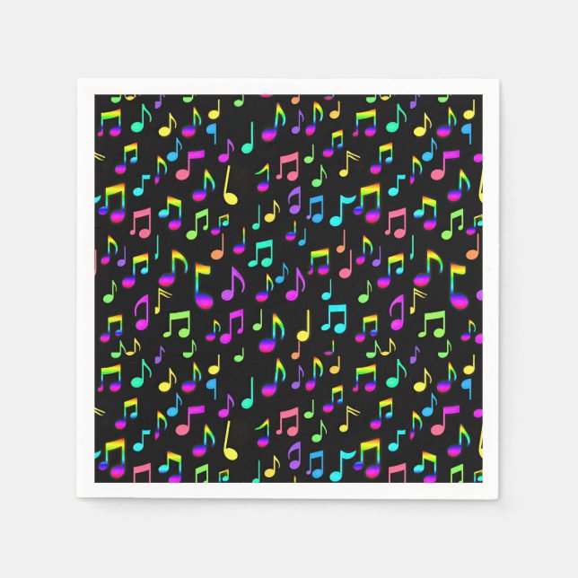 Neon Rainbow Musical Notes On Black Napkin (Front)