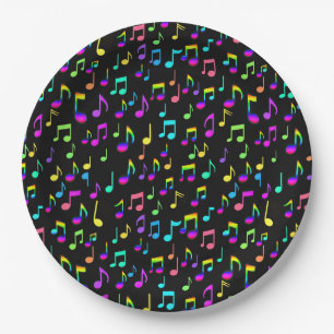 Neon Rainbow Musical Notes On Black Paper Plate