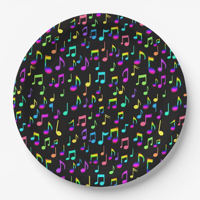 Neon Rainbow Musical Notes On Black Paper Plate (Front)