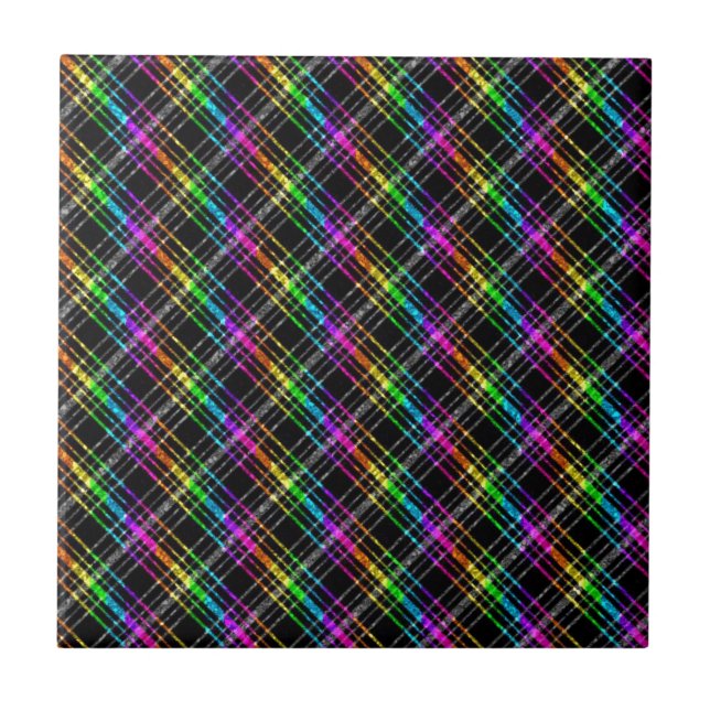 Neon Rainbow Plaid on Black Tile (Front)