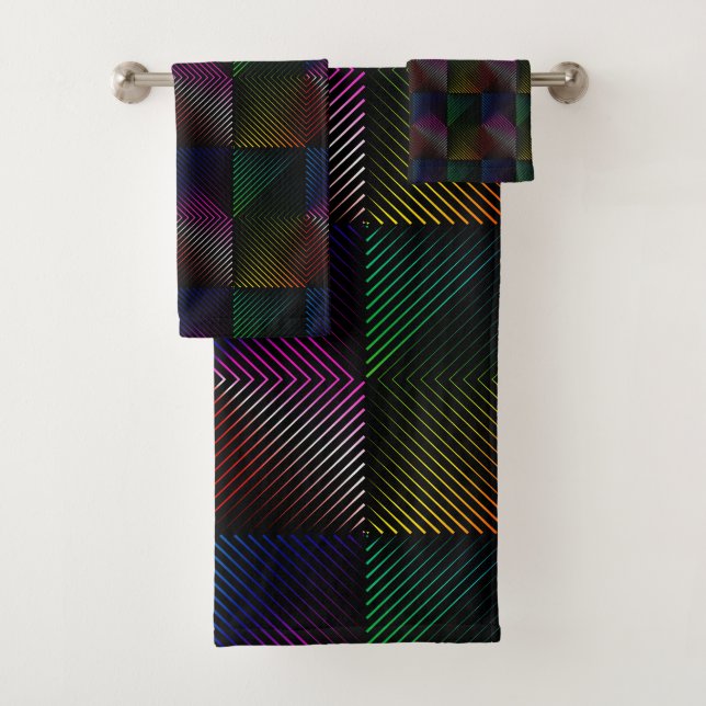 Neon Rainbow Prism Squares On Black Bath Towel Set (Insitu)
