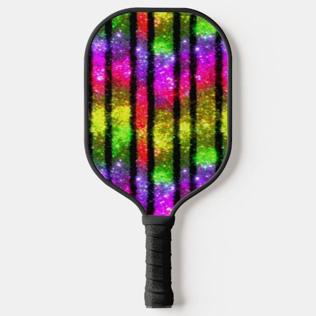 Neon Rainbow Shimmer Stripes Pickleball Paddle (Front)