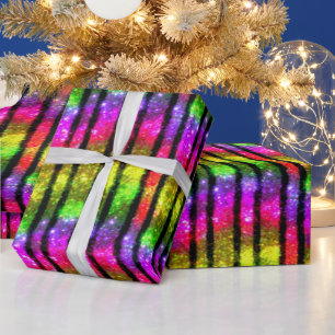 Neon Rainbow Shimmer Stripes Wrapping Paper