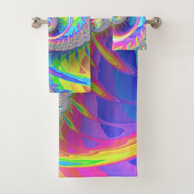 Neon Rainbow Spiral Fractal Abstract Digital Art Bath Towel Set (Insitu)