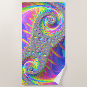 Neon Rainbow Spiral Fractal Abstract Digital Art Beach Towel