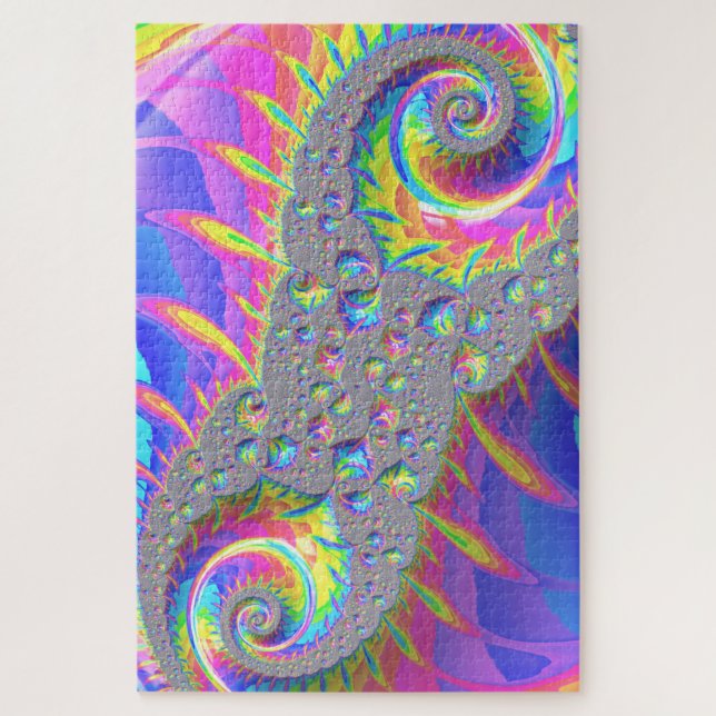 Neon Rainbow Spiral Fractal Abstract Digital Art Jigsaw Puzzle (Vertical)