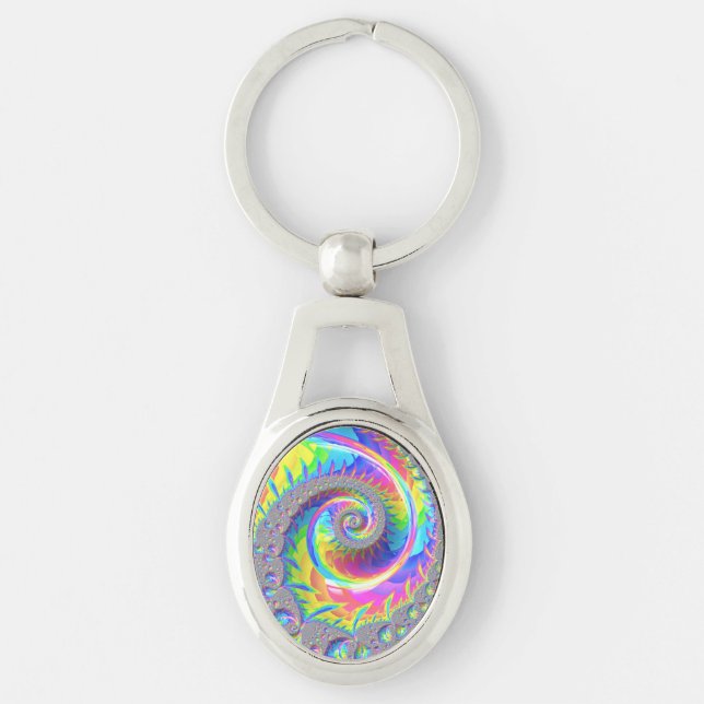 Neon Rainbow Spiral Fractal Abstract Digital Art Key Ring (Front)