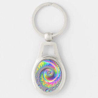 Neon Rainbow Spiral Fractal Abstract Digital Art Key Ring