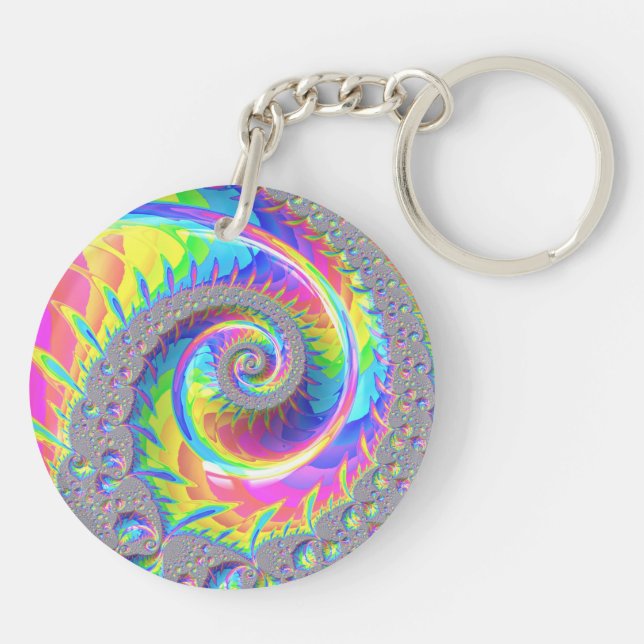 Neon Rainbow Spiral Fractal Abstract Digital Art Key Ring (Back)