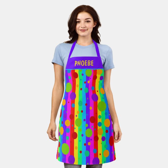 Neon Rainbow Stripe and Polka Dot Custom Apron (Worn)