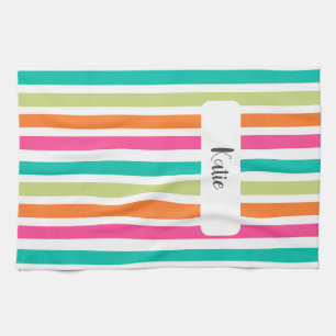 Neon rainbow stripes fun retro tea towel