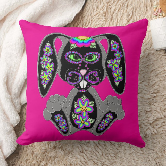Neon Rainbow Sugar Skull Bunny Cushion (Blanket)