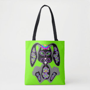 Neon Rainbow Sugar Skull Bunny Tote Bag