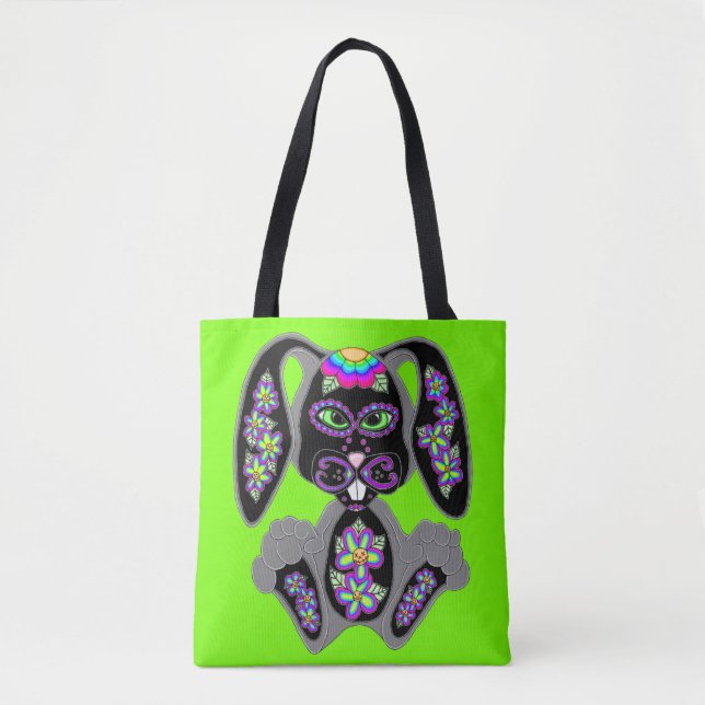 Neon Rainbow Sugar Skull Bunny Tote Bag (Front)