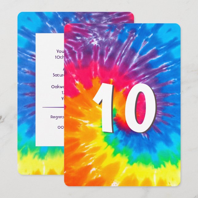 Neon Rainbow Tie Dye 10th Birthday Invitation (Front/Back)