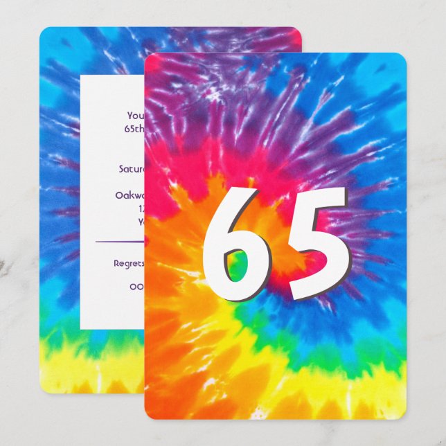 Neon Rainbow Tie Dye 65th Birthday Invitation (Front/Back)