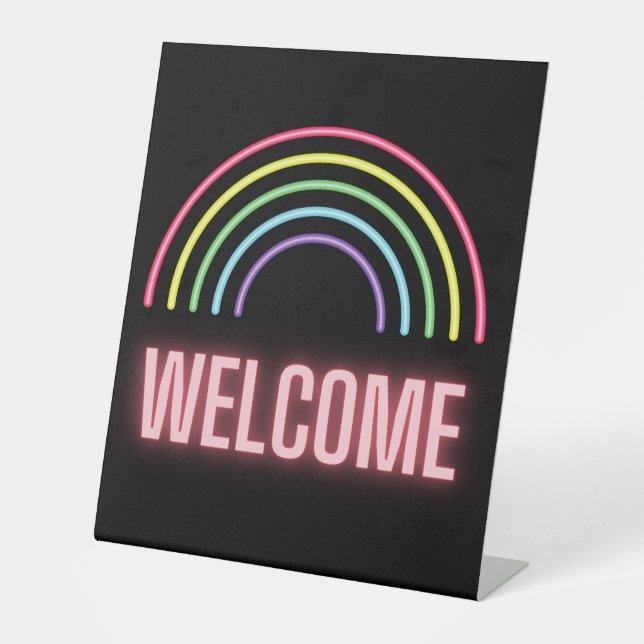 Neon Rainbow Welcome Pedestal Sign (Front)