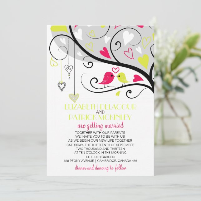 Neon Red and Yellow Whimsical Lovebirds Wedding Invitation (Standing Front)