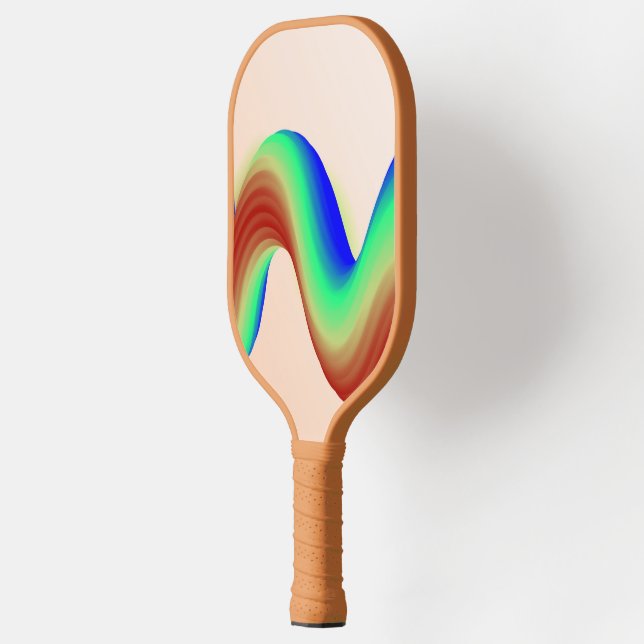 Neon red, blue and green waves on pink pickleball paddle (Left)