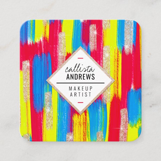 Neon Red Blue Yellow Gold Glitter Paint Makeup Square Business Card (Front)
