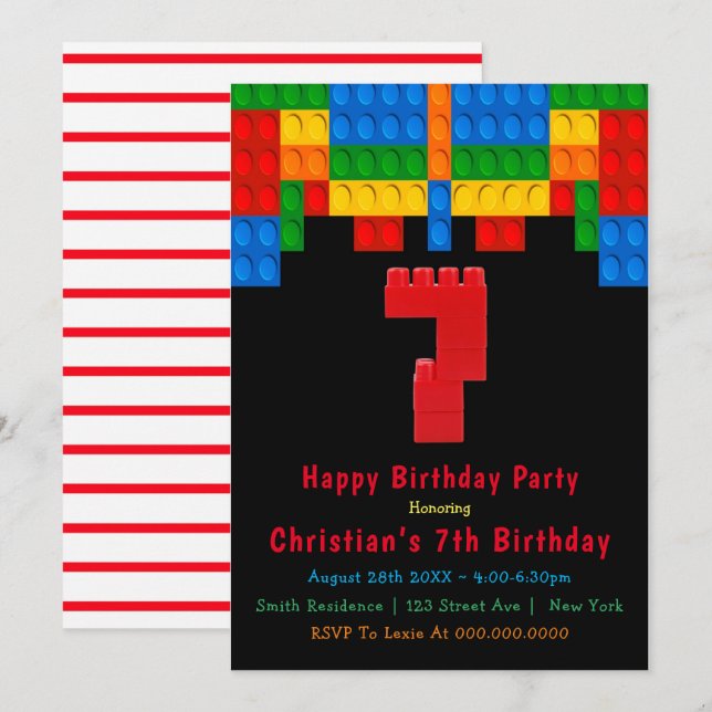 Neon Red Building Blocks 7th Birthday Invitations (Front/Back)
