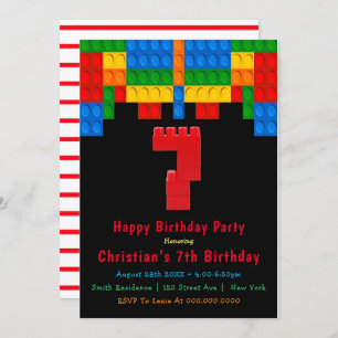Neon Red Building Blocks 7th Birthday Invitations
