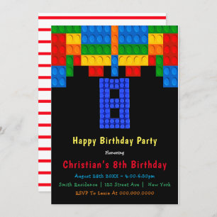 Neon Red Building Blocks 8th Birthday Invitations