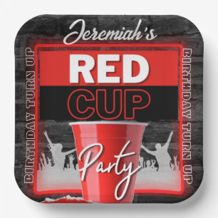 Neon Red Cup Turn UP College Party Birthday Paper Plate