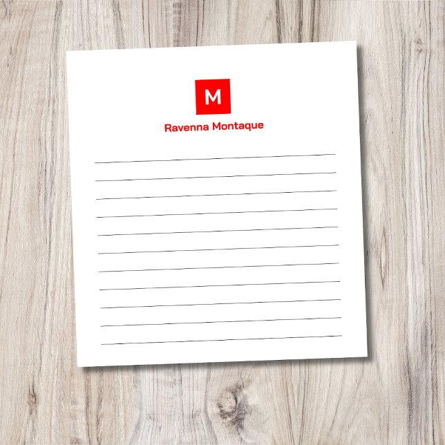 Neon Red Modern Lined Chic Trendy Monogram  Notepad (Creator Uploaded)