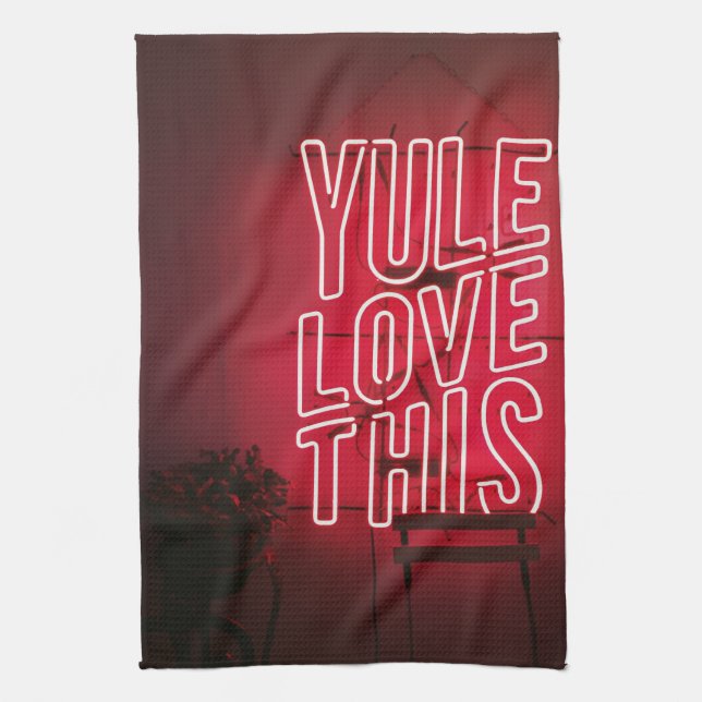 Neon red Yule Love This kitchen Tea Towel (Vertical)