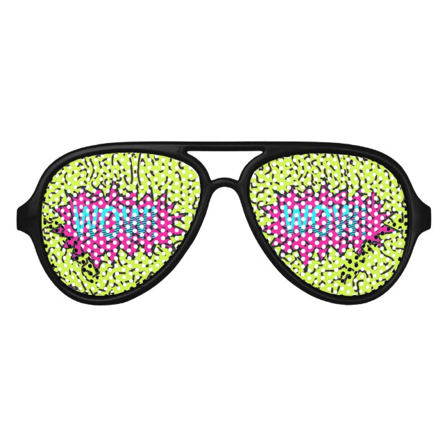 Neon Retro 80's 90's Scribbled Wow! Typography Aviator Sunglasses (Front)