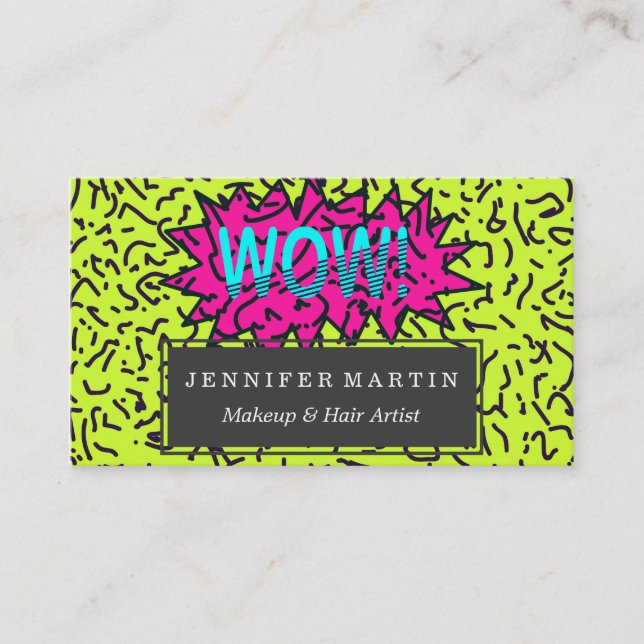 Neon Retro 80's 90's Scribbled Wow! Typography Business Card (Front)