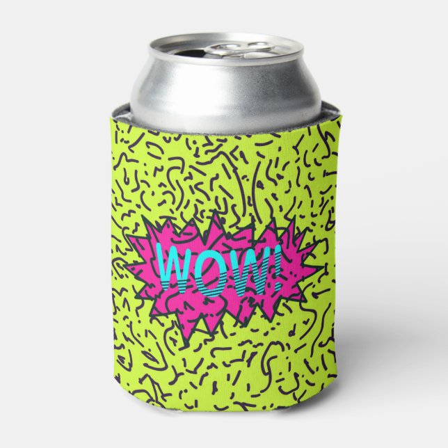 Neon Retro 80's 90's Scribbled Wow! Typography Can Cooler (Can Front)