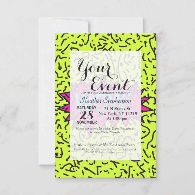 Neon Retro 80's 90's Scribbled Wow! Typography Invitation (Front)