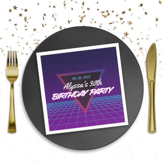 Neon Retro 80s Themed Purple Pink Birthday Party Napkin (Neon Retro 80s Themed Purple Pink Birthday Party Napkins)