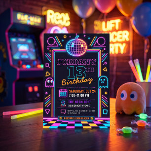 Neon Retro Arcade halloween 13th Birthday Invite