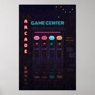 Neon Retro Arcade Rainy Night Game Room Poster