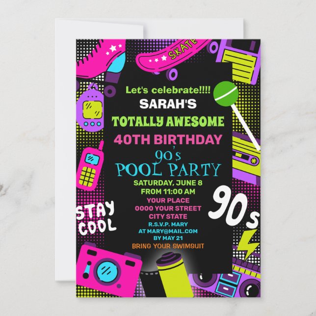 Neon Retro Back to the 90's Birthday Pool Party Invitation (Front)