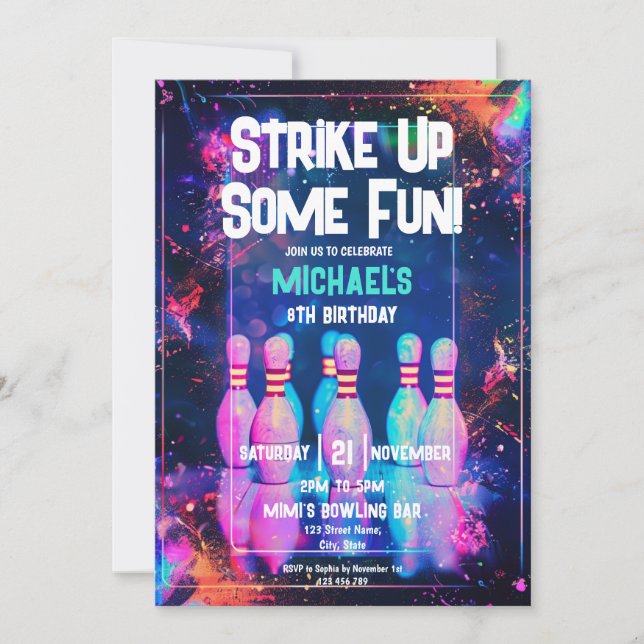 Neon Retro Bowling Strike Up Some Fun Party  Invitation (Front)