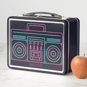 Neon Retro Cassette Player Radio Custom Name Metal Lunch Box