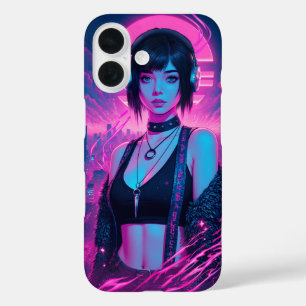 Neon Retro Cyber Punk Rock Girl Poster iPhone 16 Case